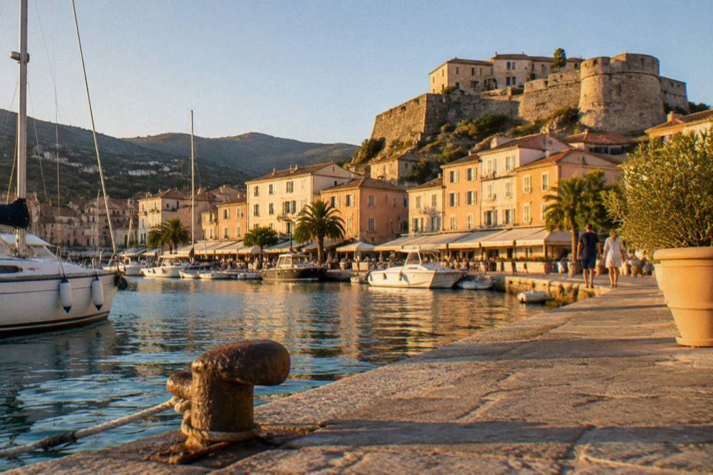 A map and guidebook on a stone wall overlooking a Corsican coastal town