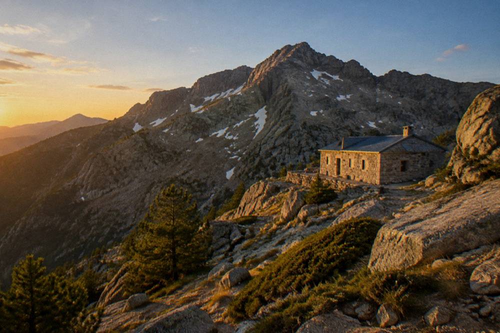 Mountain ridge in the Corsican interior with a stone refuge building
