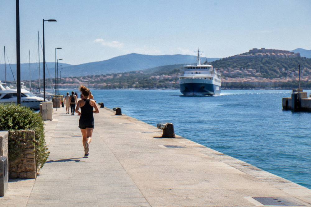 Ferry approaching a Corsican port with a town on the hillside