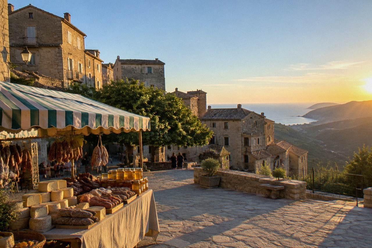 A market stall in Corsica laid out with cheeses, cured meats and jars of honey under a striped awning