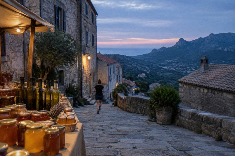 Jars of golden Corsican honey and bottles of olive oil lined up on a market table