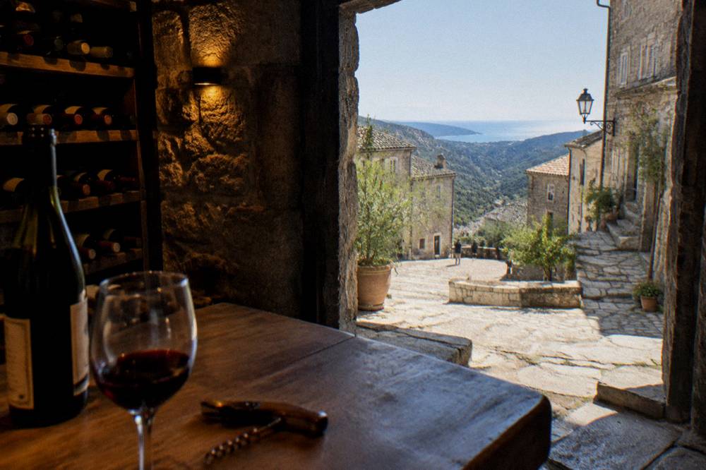 Bottles of Corsican wine standing in a cellar rack with a corkscrew on the table