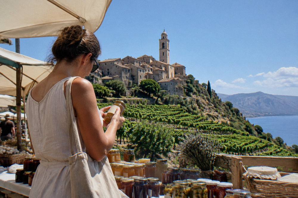 A shopper reading the label on a jar at a Corsican market stall