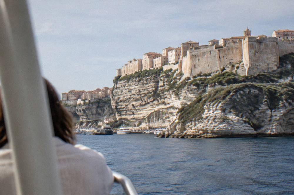 The fortified citadel and limestone cliffs of Bonifacio seen from the sea