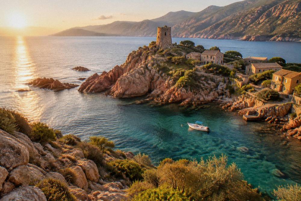 A small boat anchored near red granite rocks along the Corsican coastline