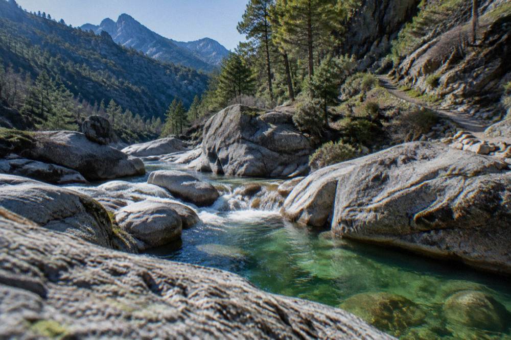 A marked mountain trail winding through granite scenery in the Corsican interior
