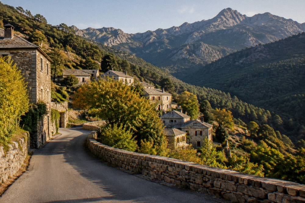 A narrow mountain road with stone walls curving through Corsican hills