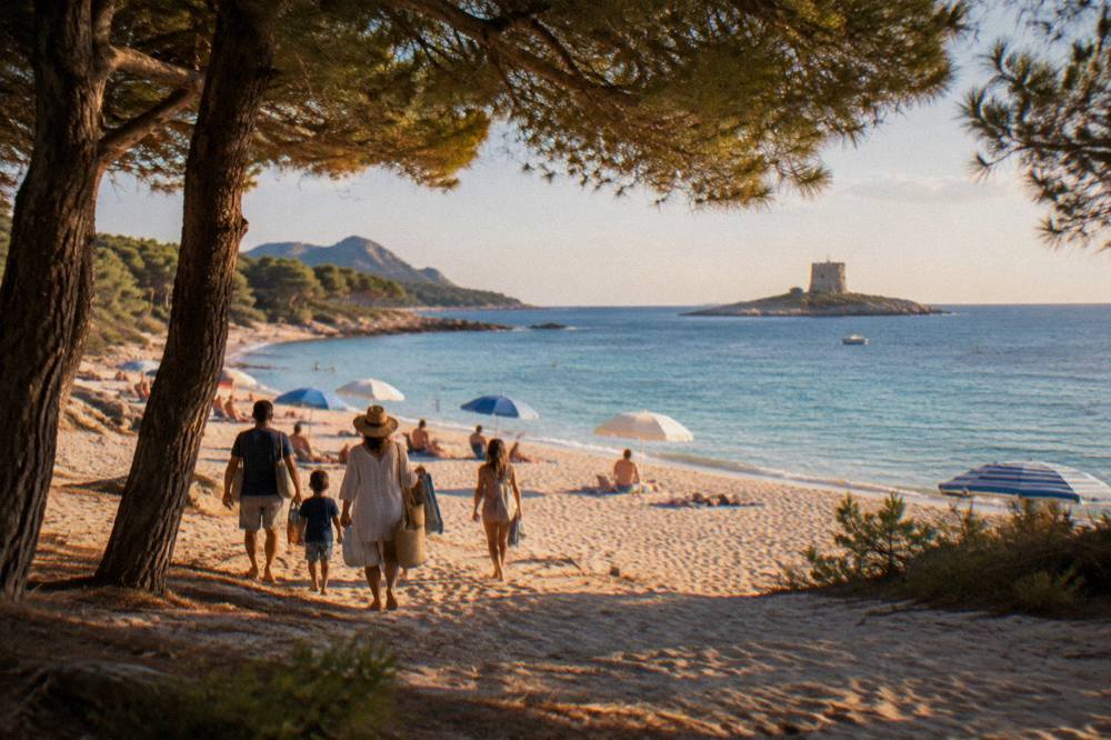 A family walking on a sandy beach with umbrellas in Corsica