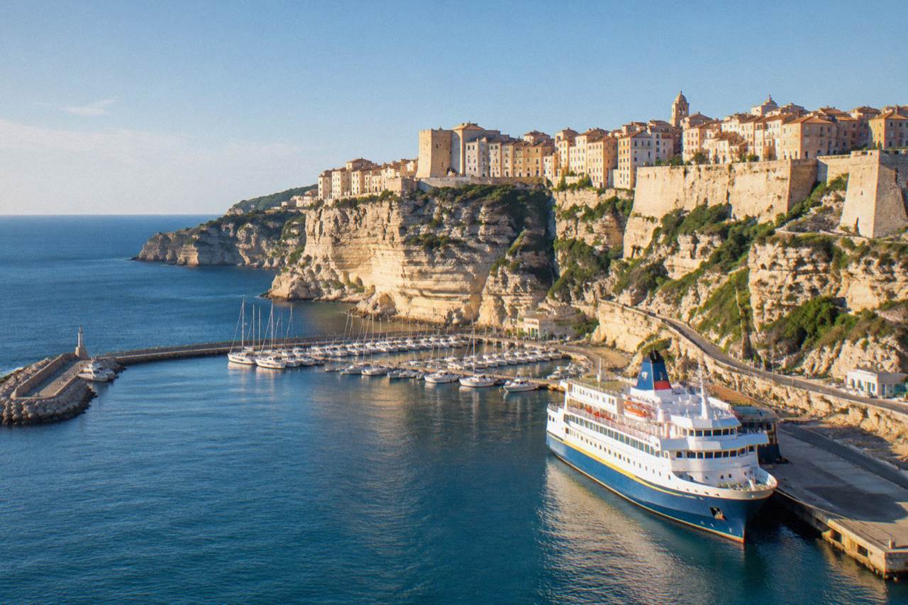 A ferry berthed in the harbour at Bonifacio with the town's cliffs rising above the water