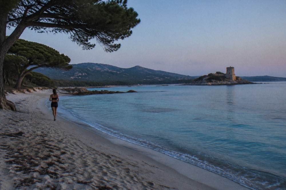 A quiet Corsican bay with clear water and maquis-covered hills under a clear sky