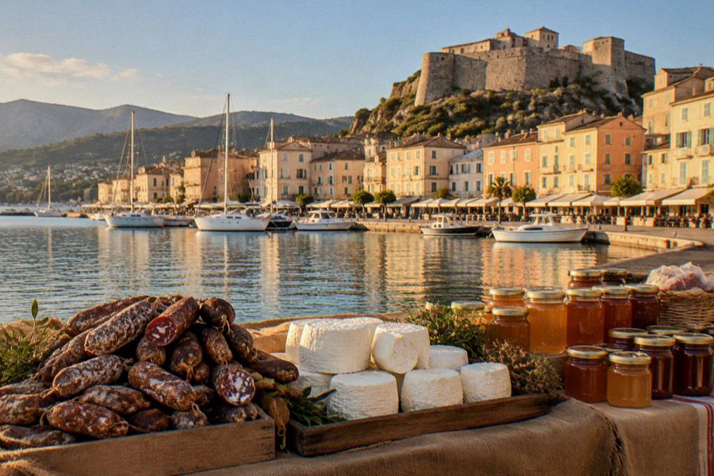 A Corsican market table with figatellu sausage, brocciu cheese and jars of honey