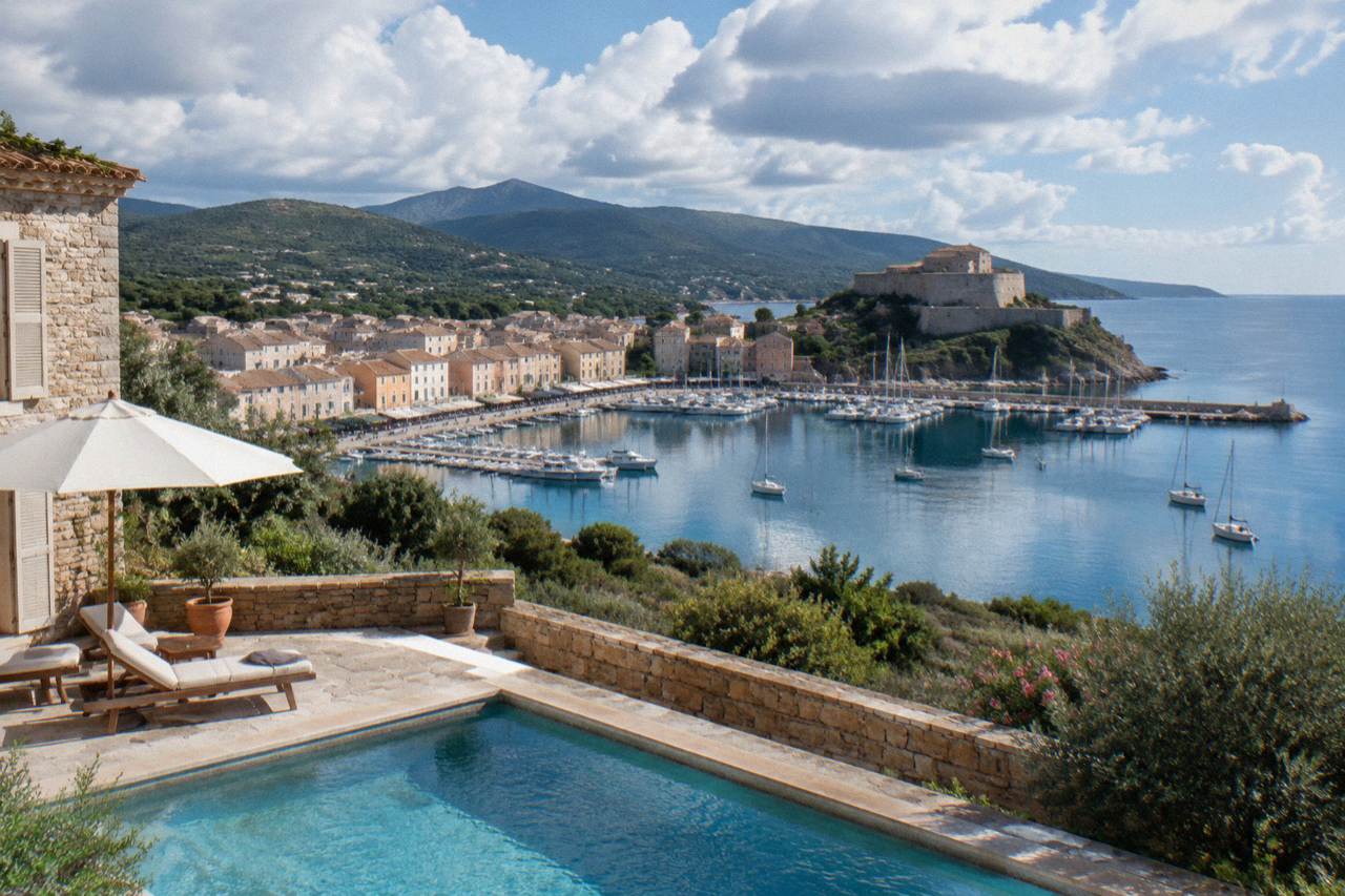 A stone villa terrace with a pool overlooking the Corsican coastline and sea