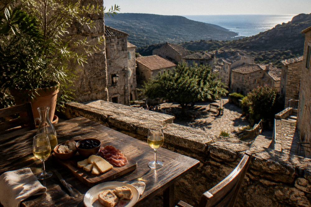 A shaded terrace table set with bread, cheese and charcuterie