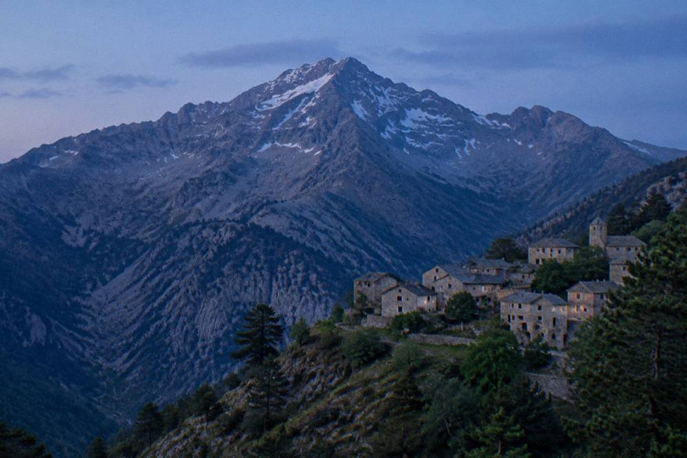 A mountain village perched on a ridge in the Corsican interior
