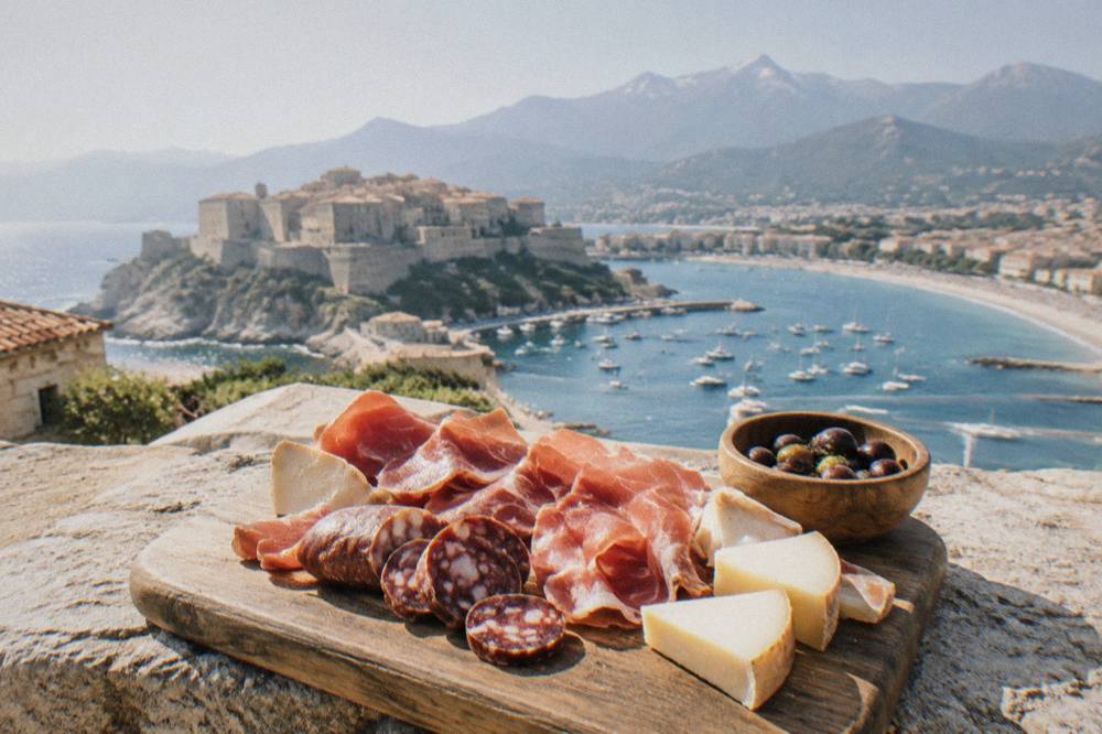 A Corsican tasting board with cured meats, cheese and figatellu sausage