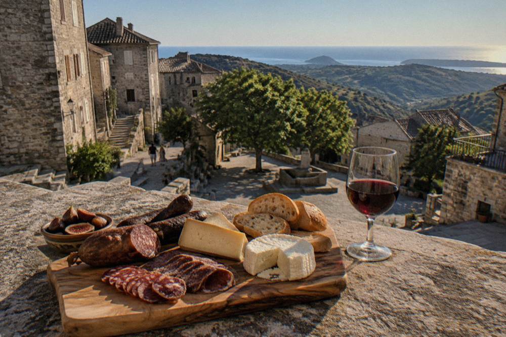 A plank of Corsican charcuterie and cheese with figatellu and brocciu beside bread