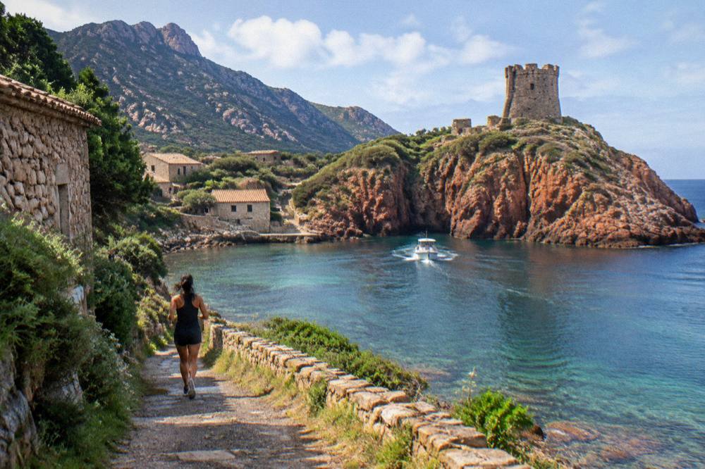 A small boat entering the red rock inlet of Girolata beneath the Genoese tower
