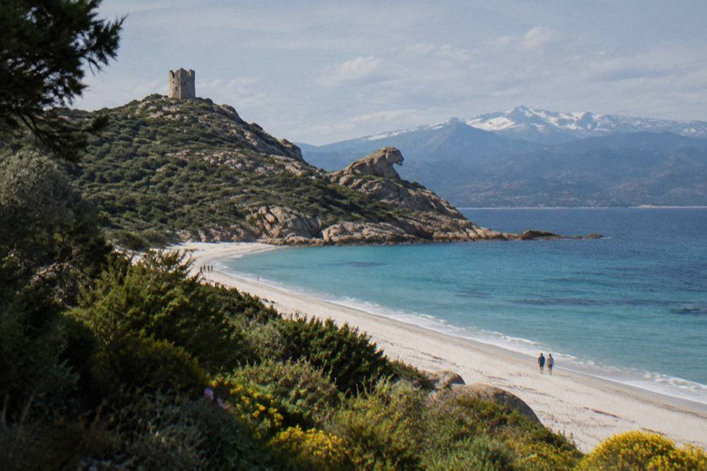 A maquis-covered hillside in Corsica in spring with distant snow-capped mountains under a partly cloudy sky