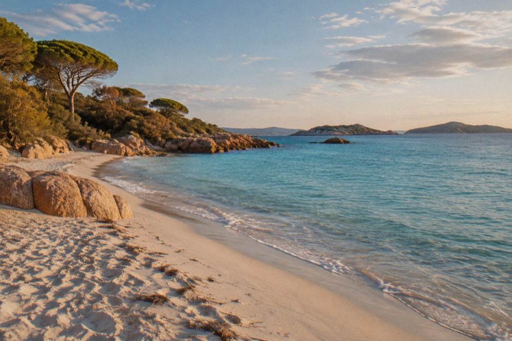 An empty Corsican beach in late autumn with soft light over the water and scattered clouds