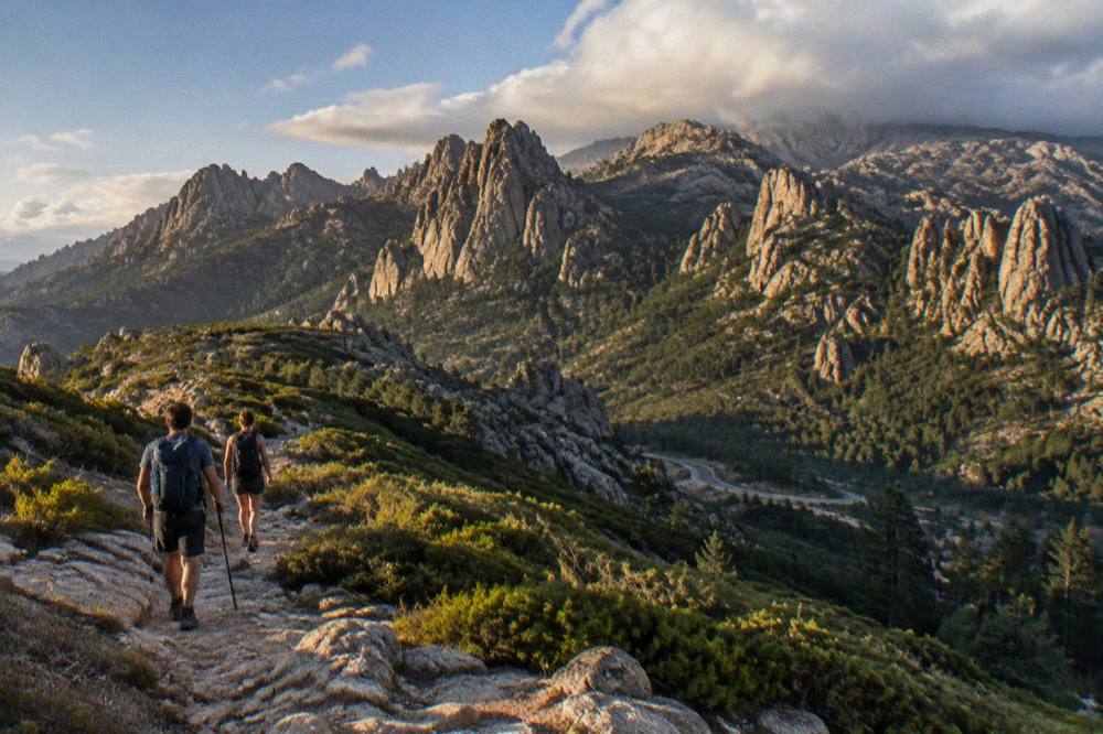 Hikers with backpacks on a mountain trail in Corsica with cloud gathering over high ridges