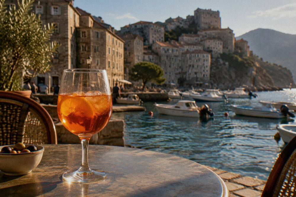 A glass of amber aperitif on a cafe table in a small Corsican harbour town