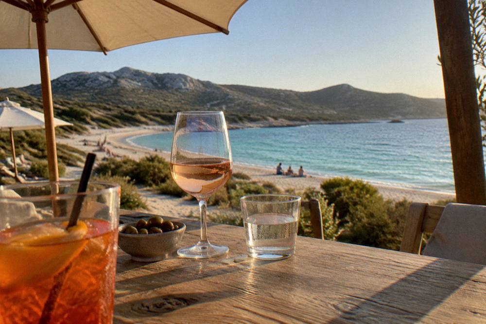 A sunny terrace with parasols and drinks near a beach in Corsica