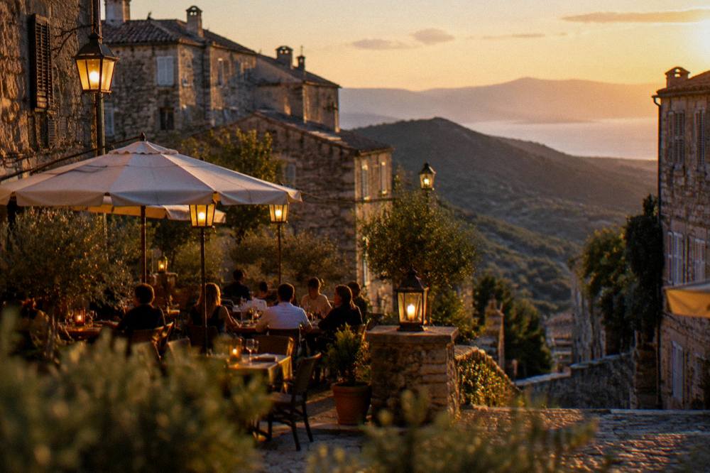 An evening restaurant terrace with lit lanterns in a Corsican old town square