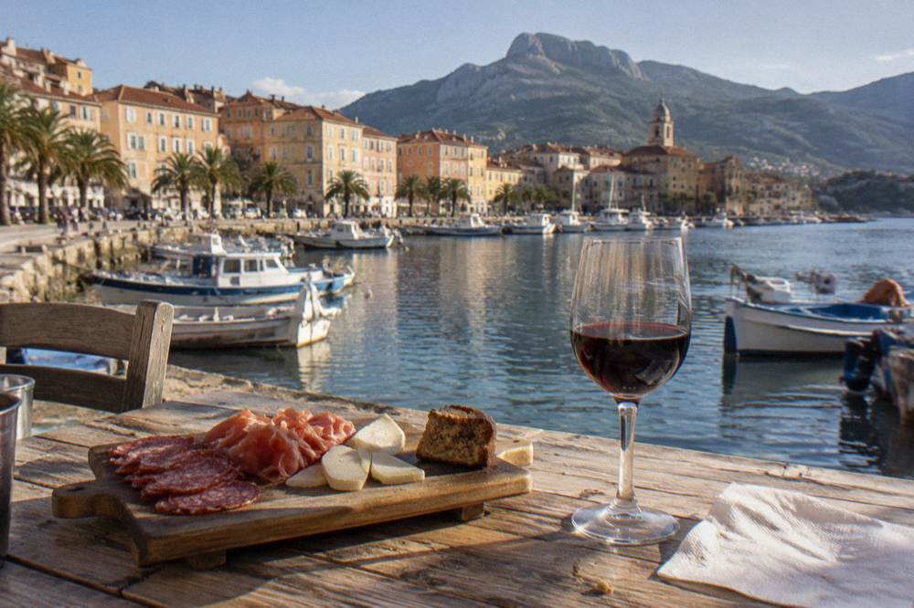 A wooden board of thinly sliced charcuterie, fresh white cheese and chestnut cake with a glass of red wine