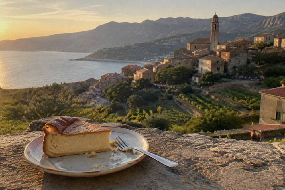 A slice of golden fiadone cheesecake on a small plate with a fork