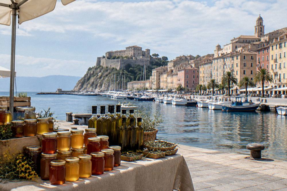 Glass jars of Corsican honey and bottles of olive oil on a market stall