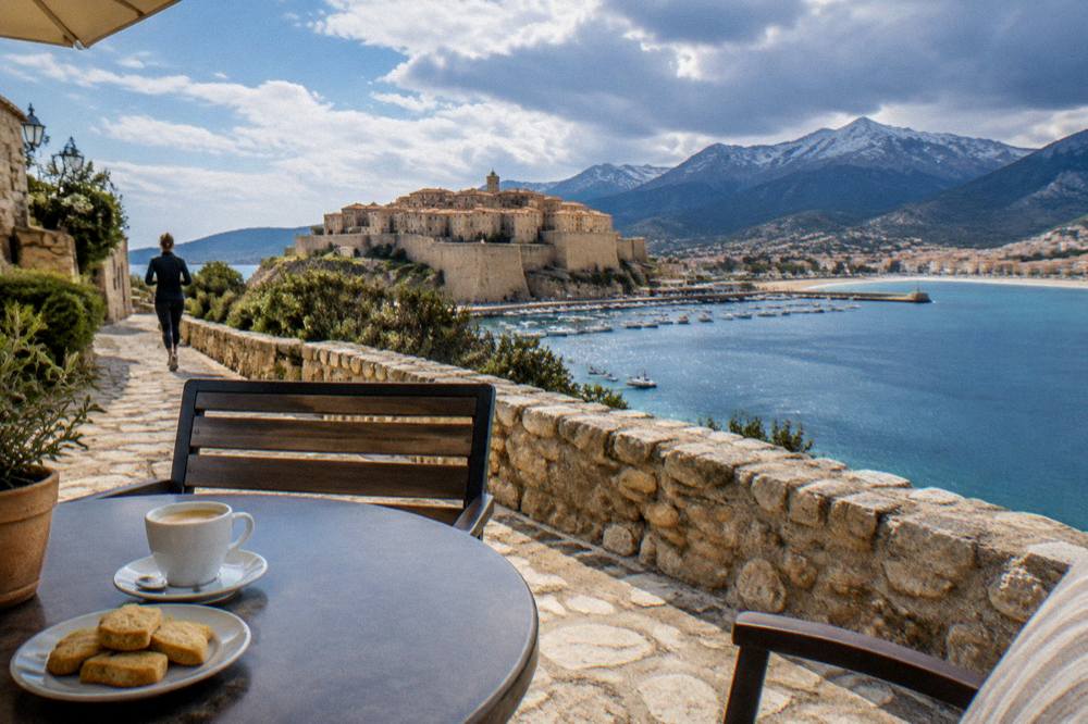 An outdoor cafe table with coffee, canistrelli biscuits and a sea view