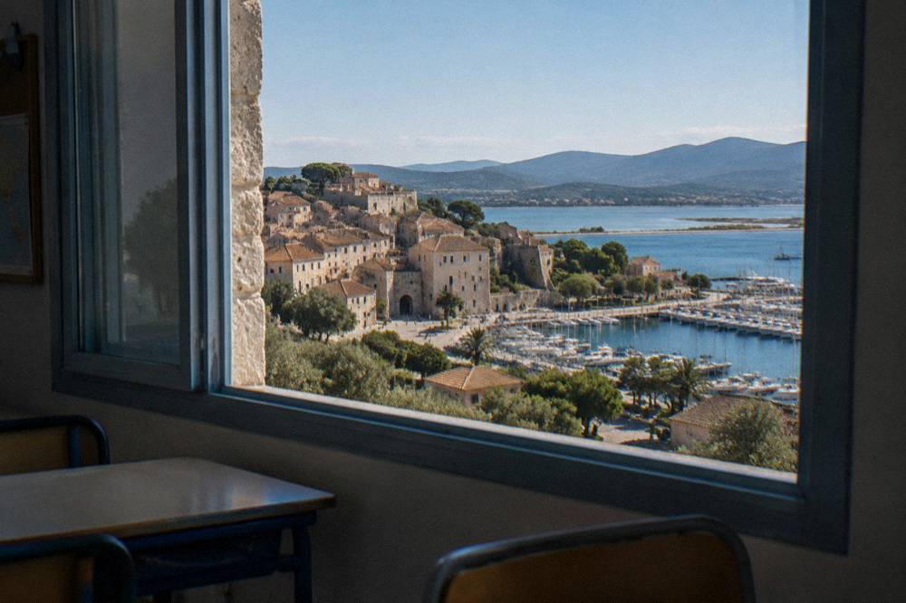 A classroom window in a Corsican village school