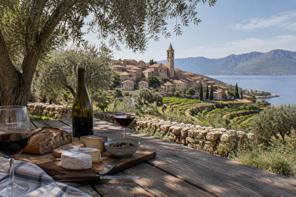 A picnic table with bread, cheese and an open bottle of wine under olive trees