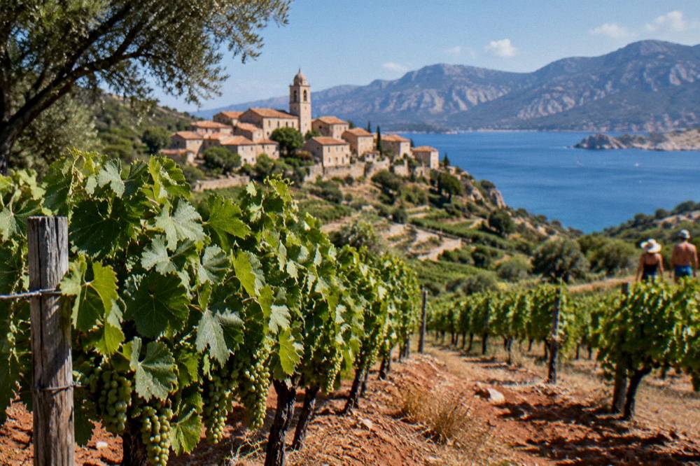 A vineyard row with red soil and green vines under a summer sky