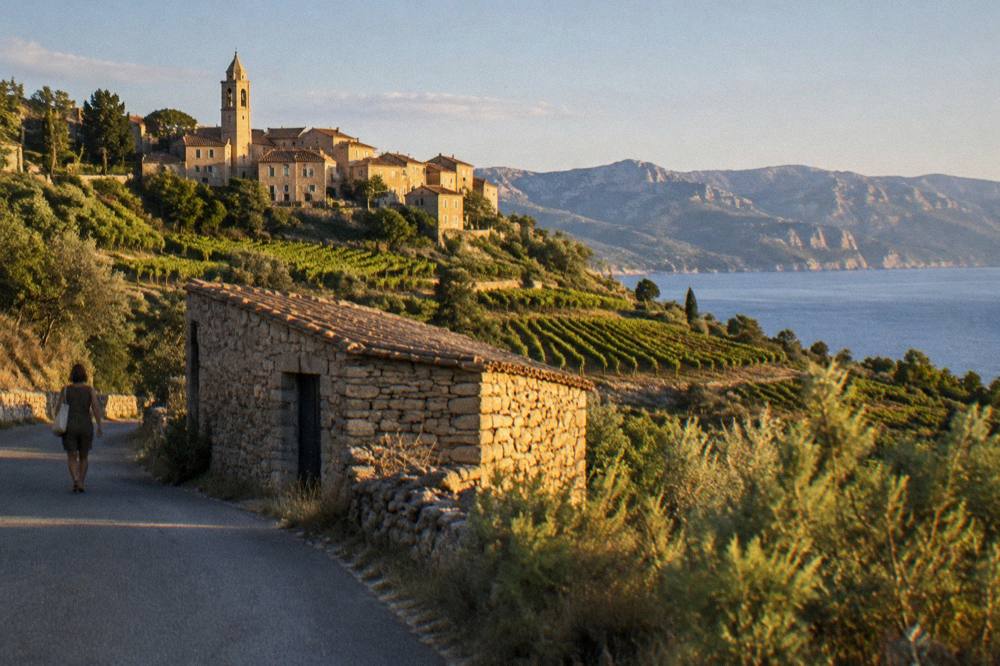 A small stone vineyard building on a coastal road with maquis scrub