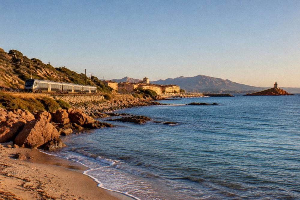 A train on the coastal Balagne line between Calvi and L'Ile-Rousse seen from a beach