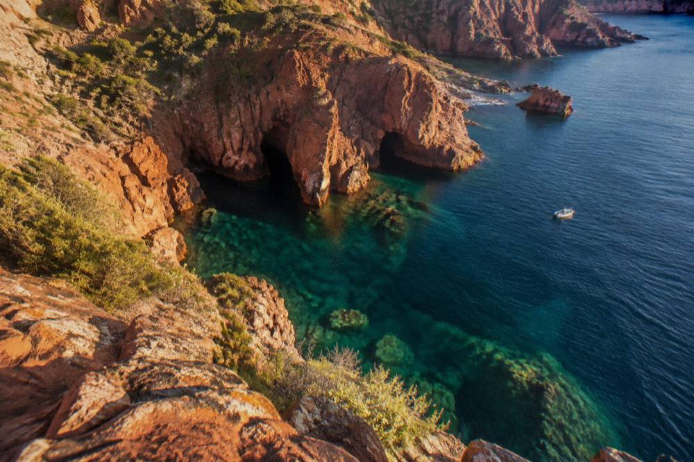 A red rock coastline rising above clear water near the Scandola reserve