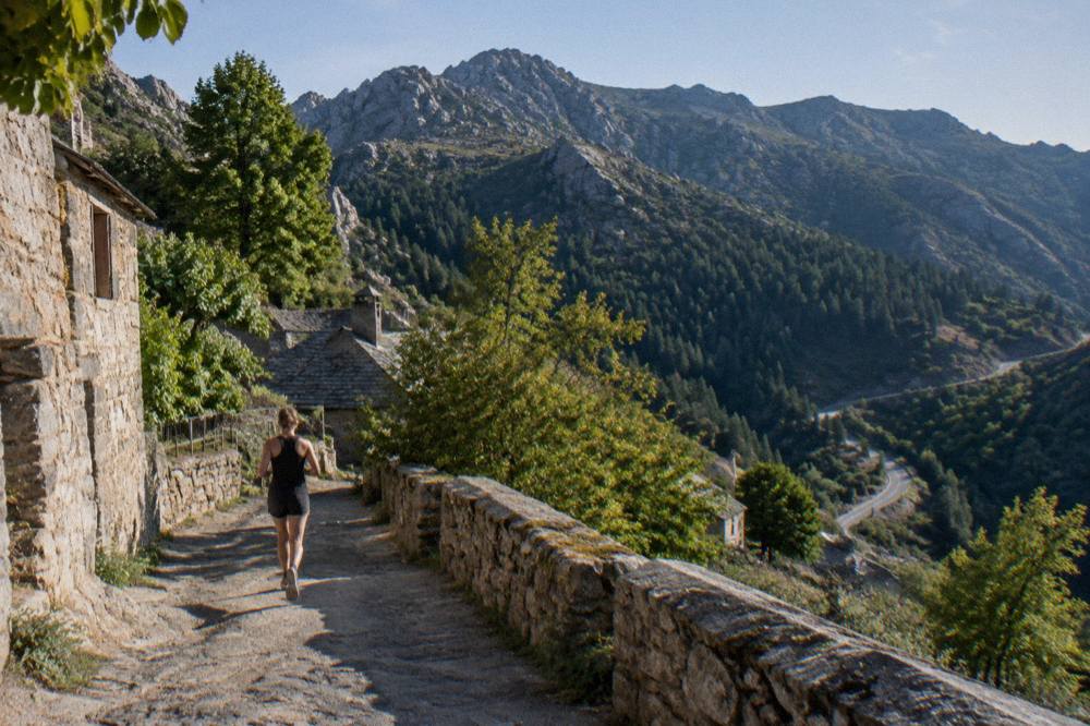 Rolling maquis-covered hills and a winding road in southern Corsica
