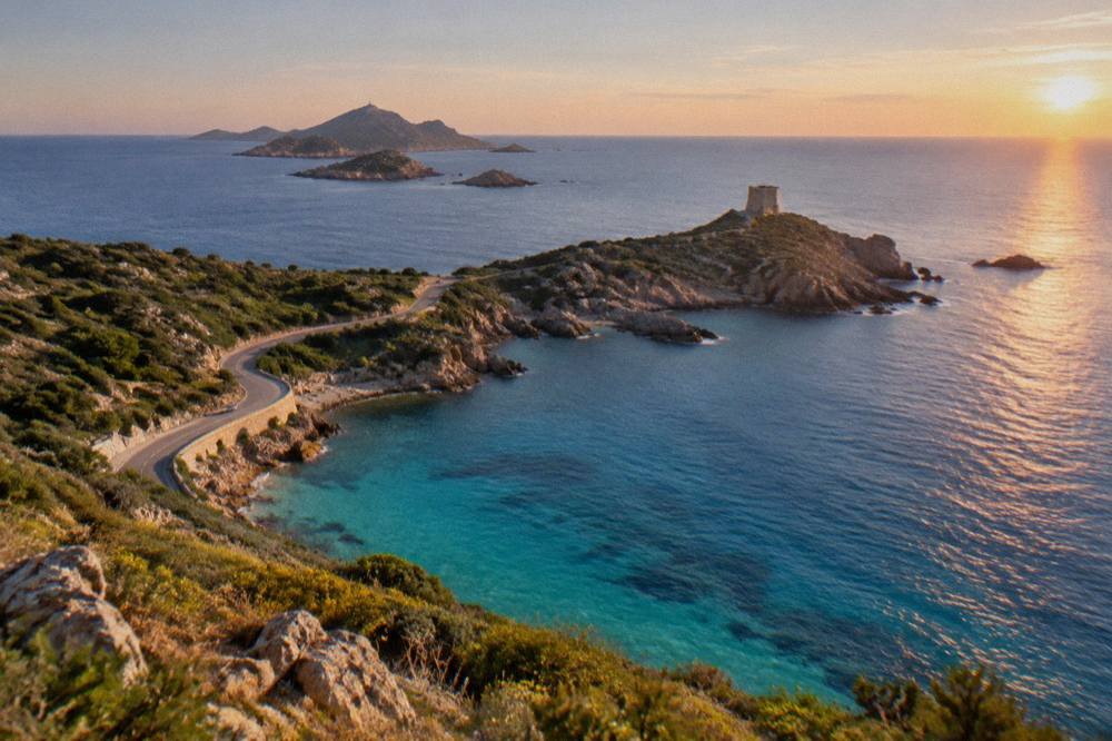 An aerial view of a coastal road curving around a bay with turquoise water in Corsica