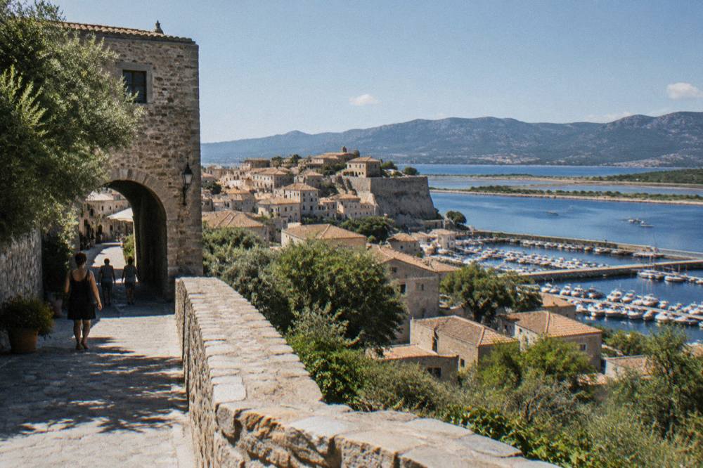 A hilltop stone village above olive terraces in the Corsican interior