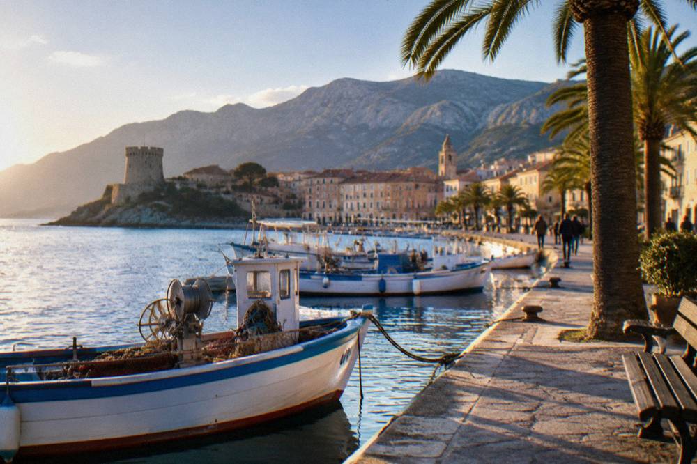 A seafront promenade with palm trees and a historic town skyline at golden hour