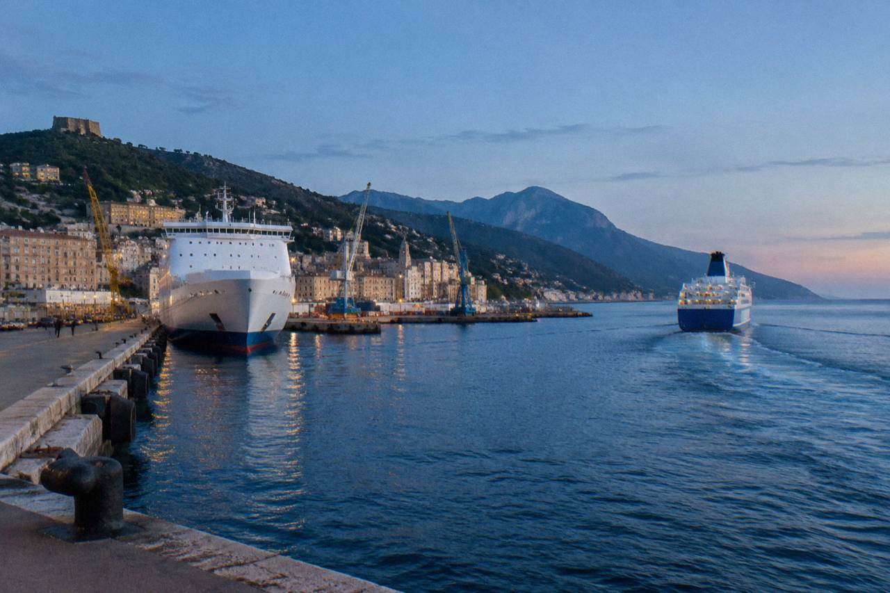 A car ferry leaving the harbour at Nice with the Mediterranean stretching to the horizon