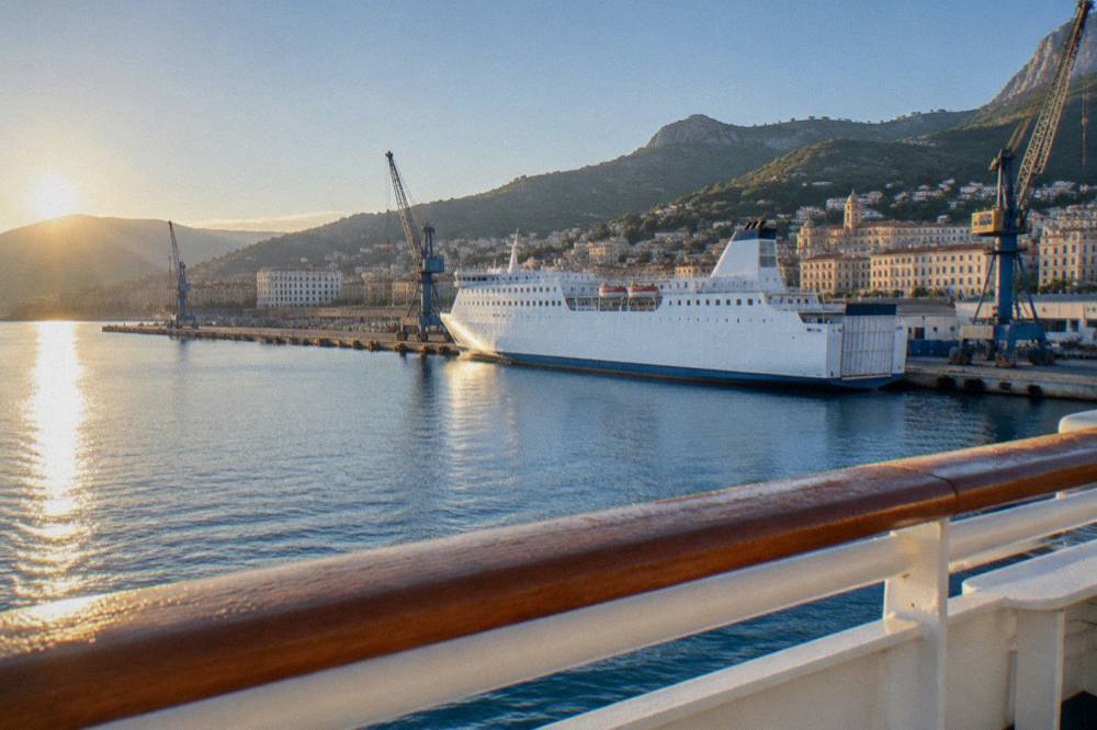 A calm Mediterranean sea at sunrise seen from a ship railing