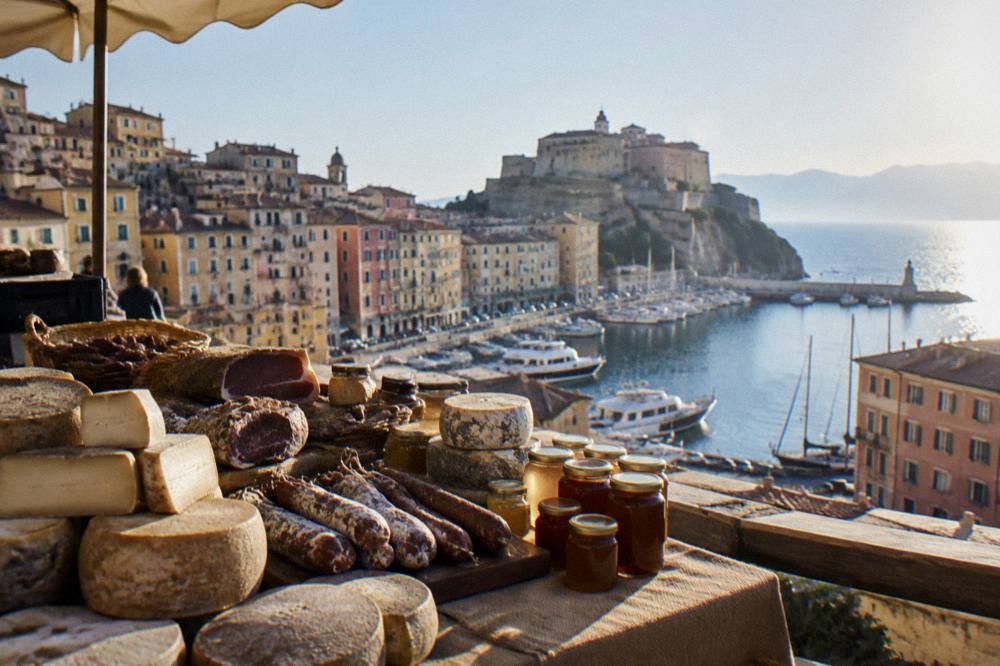 A market stall with Corsican cheese, charcuterie and honey jars