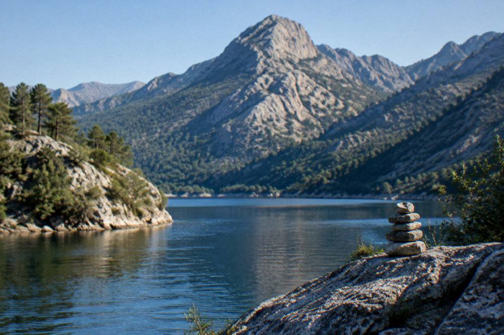 A granite peak rising above a mountain lake in the Corsican interior