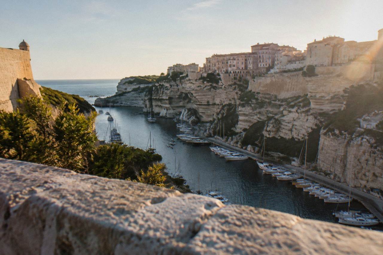 The cliffside town of Bonifacio above its harbour on the southern coast of Corsica