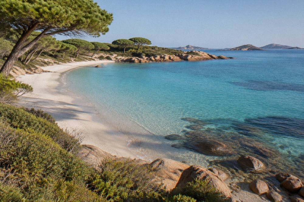 An empty sandy beach backed by maquis scrub under a blue sky
