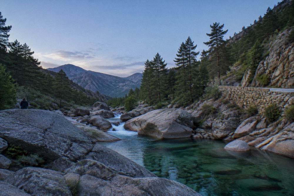 A mountain river running through a granite gorge with pine trees