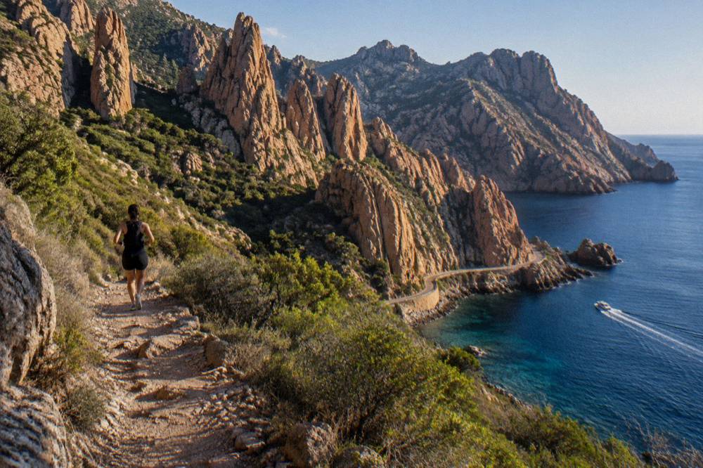 A small boat cruising along red granite cliffs above clear water
