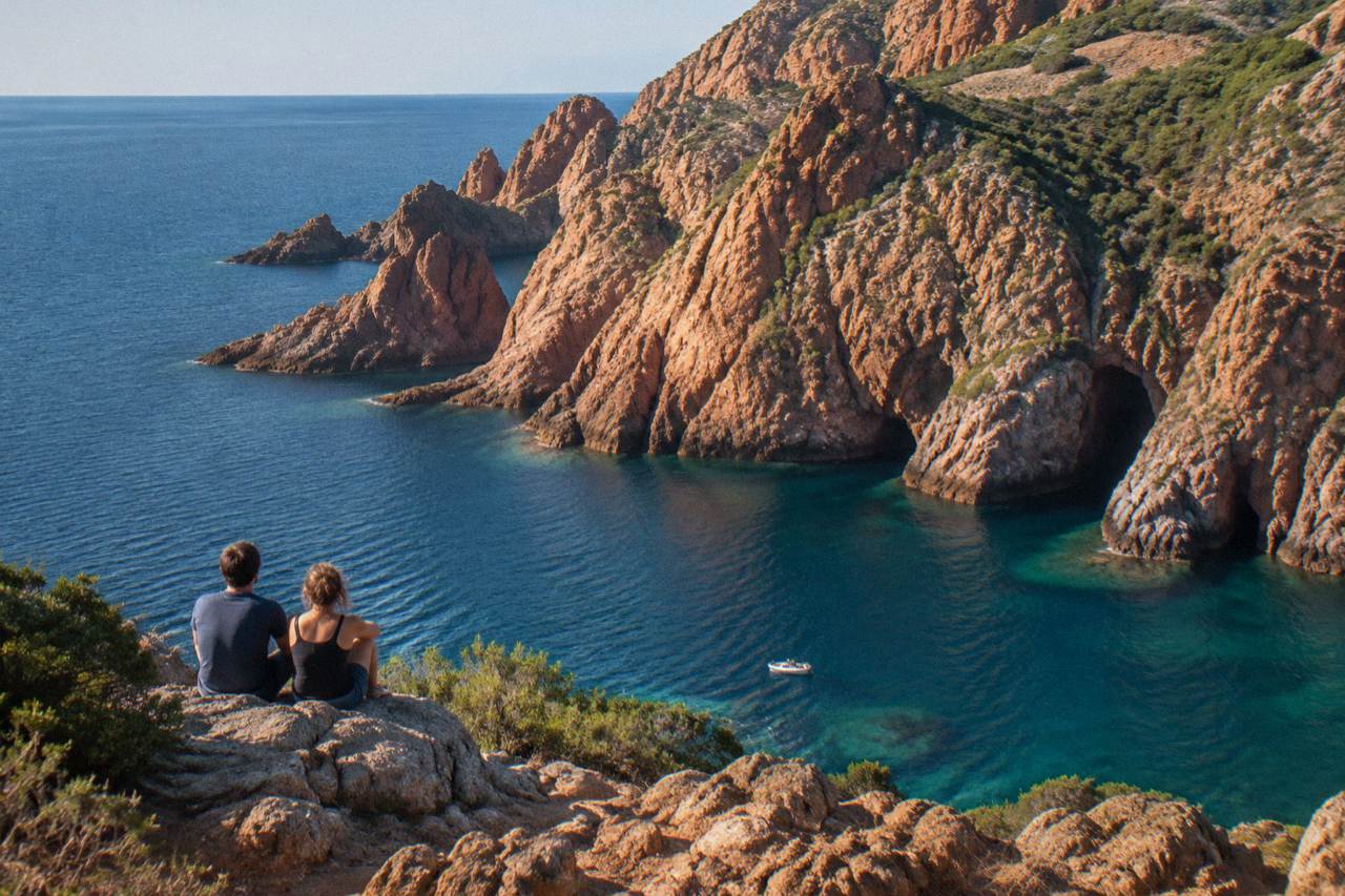 A couple watching the sun set over red granite cliffs and the sea on the Corsican coast